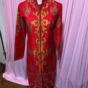 MantraBand Red and Gold Embroidered Long Jacket